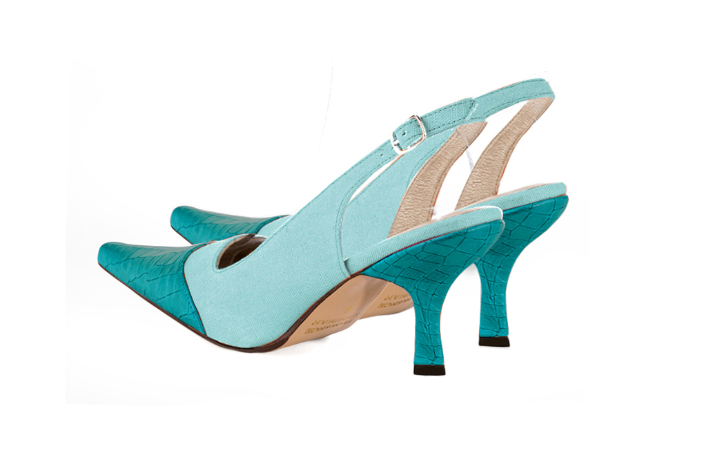 Women's turquoise blue and aquamarine blue slingback dress shoes. Pointed toe. High spool heels - Rear view